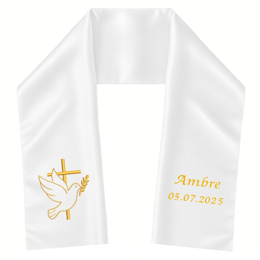 Étole de baptême bébé colombe et croix, brodée main au prénom sur satin blanc