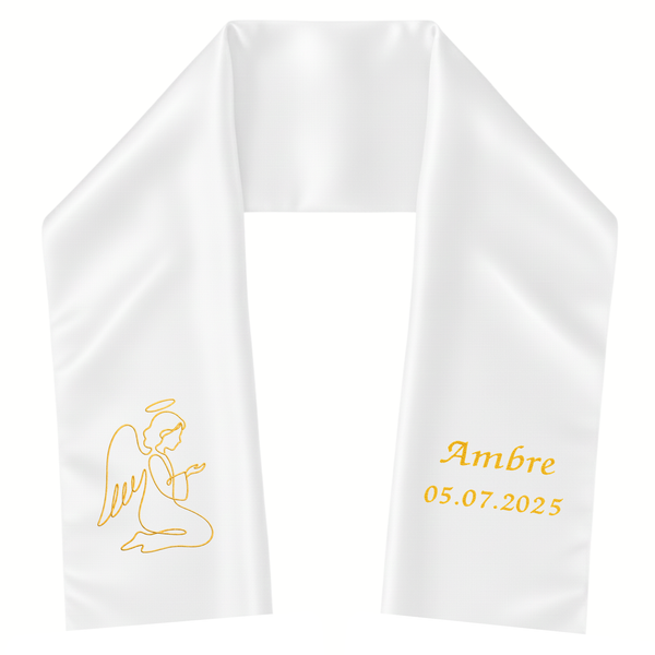 Étole de baptême bébé blanche brodée d'un ange en prière doré, prénom « Ambre » et date 05.07.2025
