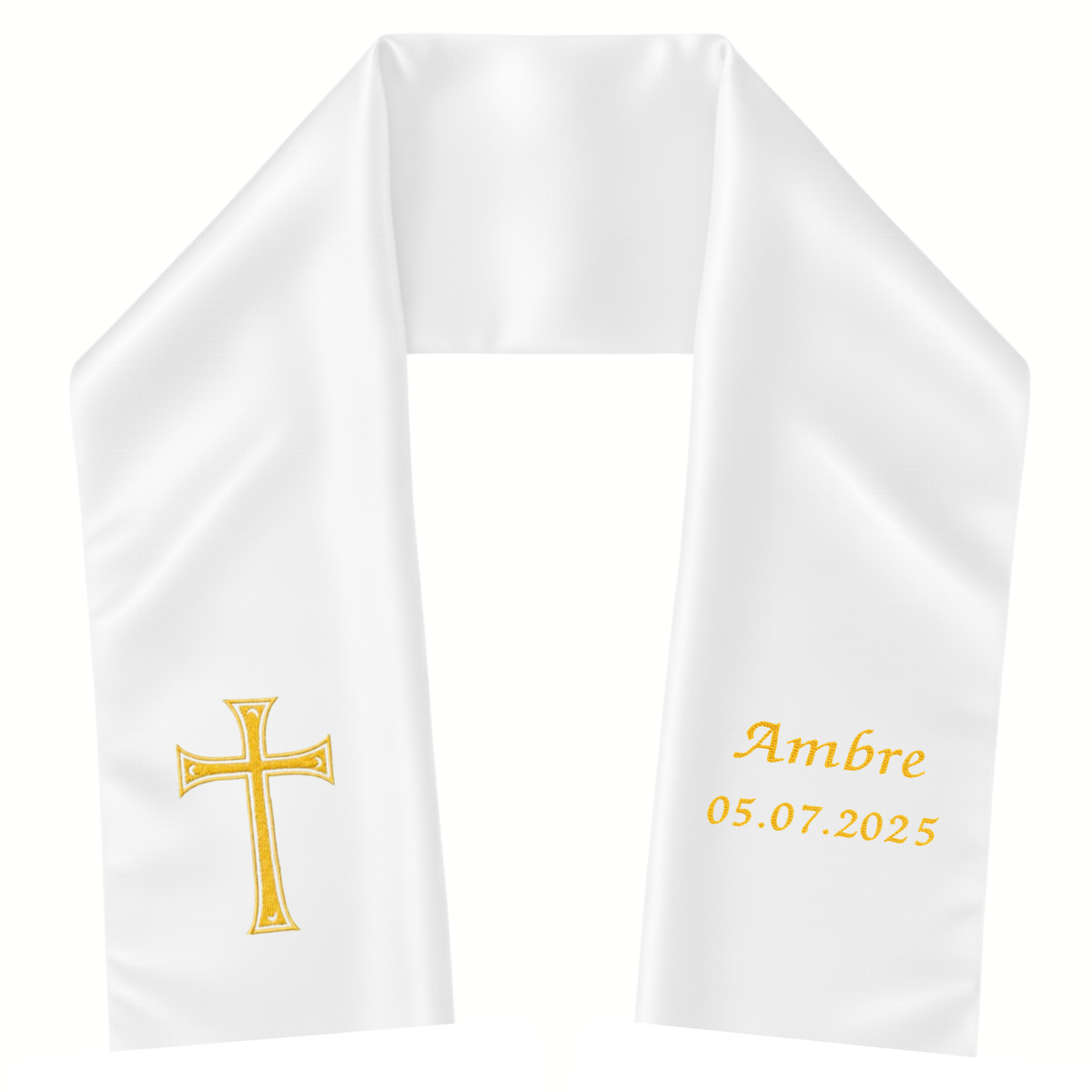 Étole de baptême bébé blanche brodée d'une croix dorée, prénom « Ambre » et date 05.07.2025