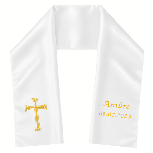 Étole de baptême bébé blanche brodée d'une croix dorée, prénom « Ambre » et date 05.07.2025