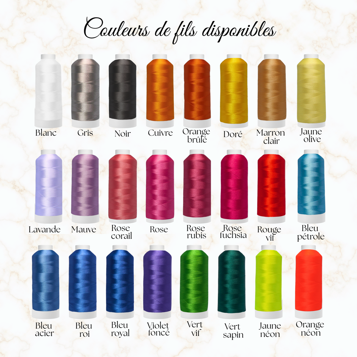 Nuancier des 24 couleurs de fil à broder disponibles pour l'étole de baptême bébé croix