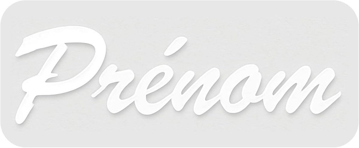 Sticker prénom personnalisé blanc en lettres cursives, exemple « Prénom » sur fond gris clair