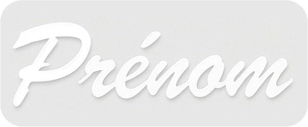 Sticker prénom personnalisé blanc en lettres cursives, exemple « Prénom » sur fond gris clair