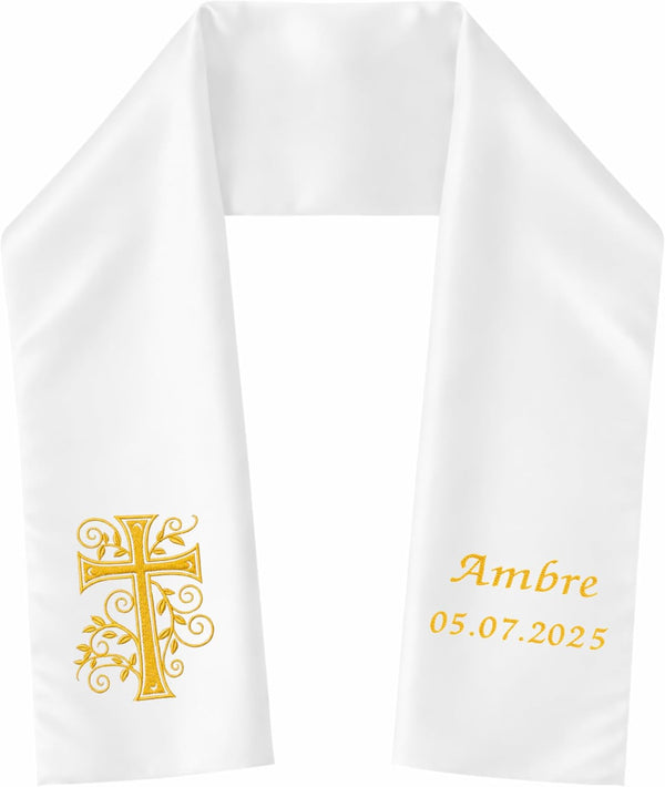Étole de baptême ado/adulte blanche brodée d'une croix dorée avec feuillage, prénom « Ambre » et date