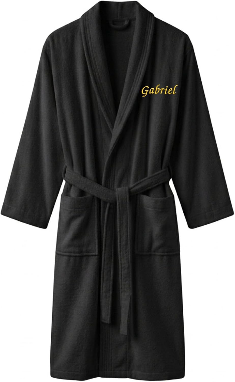 Peignoir noir à col châle et ceinture, prénom « Gabriel » brodé en fil doré côté cœur