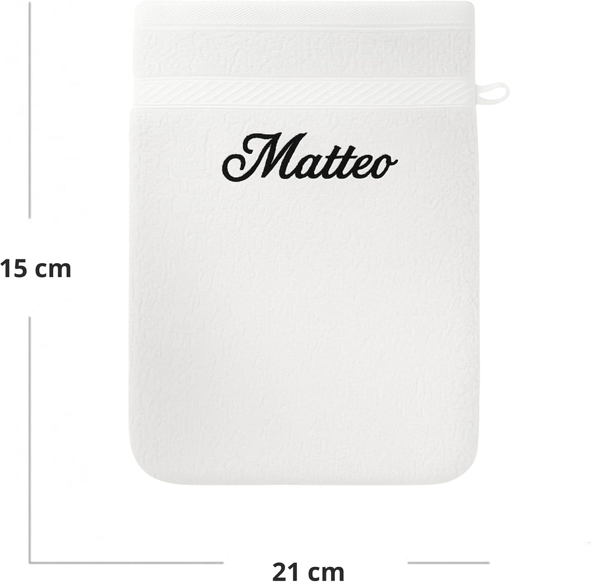 Dimensions du gant de toilette blanc brodé au prénom : 15 cm et 21 cm