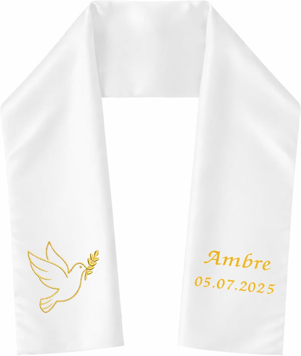 Étole de baptême ado/adulte blanche brodée d'une colombe dorée au rameau, prénom « Ambre » et date