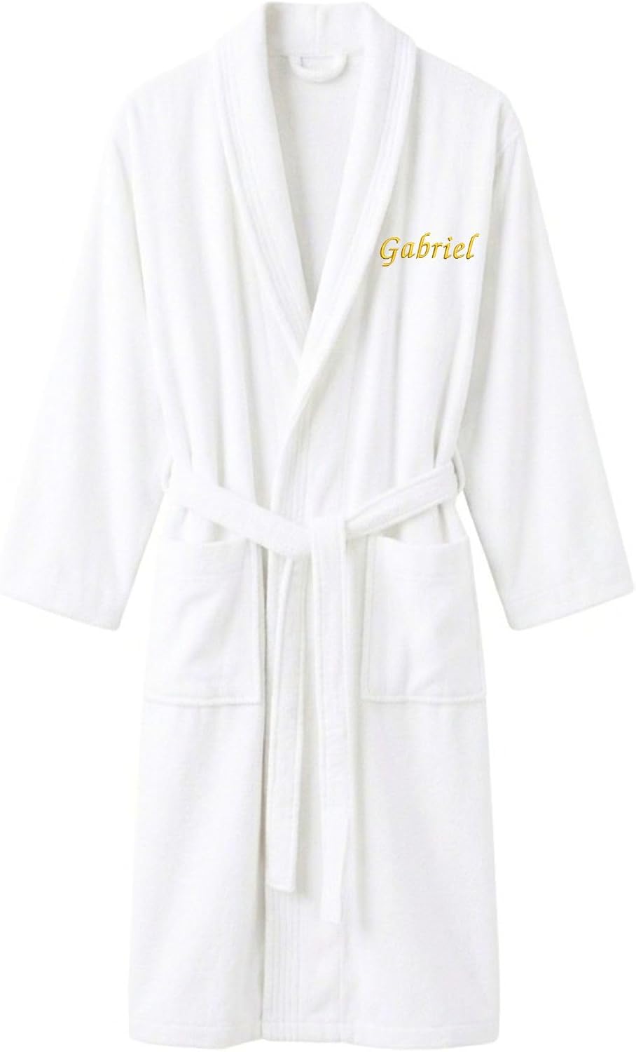 Peignoir blanc à col châle et ceinture, prénom « Gabriel » brodé en fil doré côté cœur