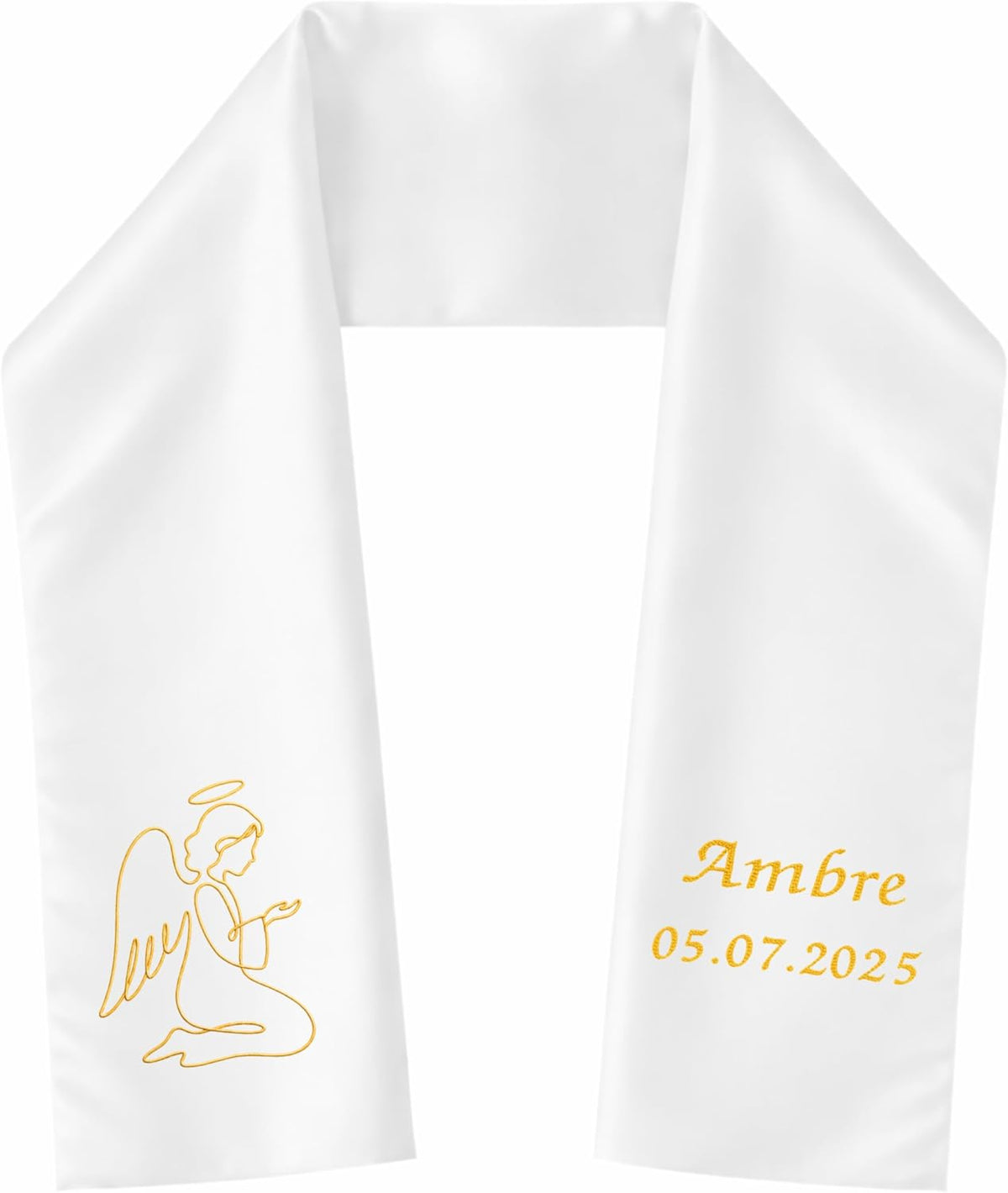 Étole de baptême ado/adulte blanche brodée d'un ange en prière doré, prénom « Ambre » et date