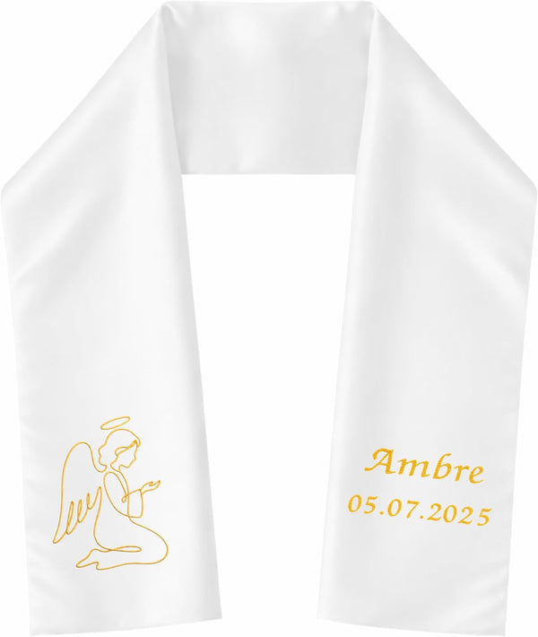 Étole de baptême ado/adulte blanche brodée d'un ange en prière doré, prénom « Ambre » et date