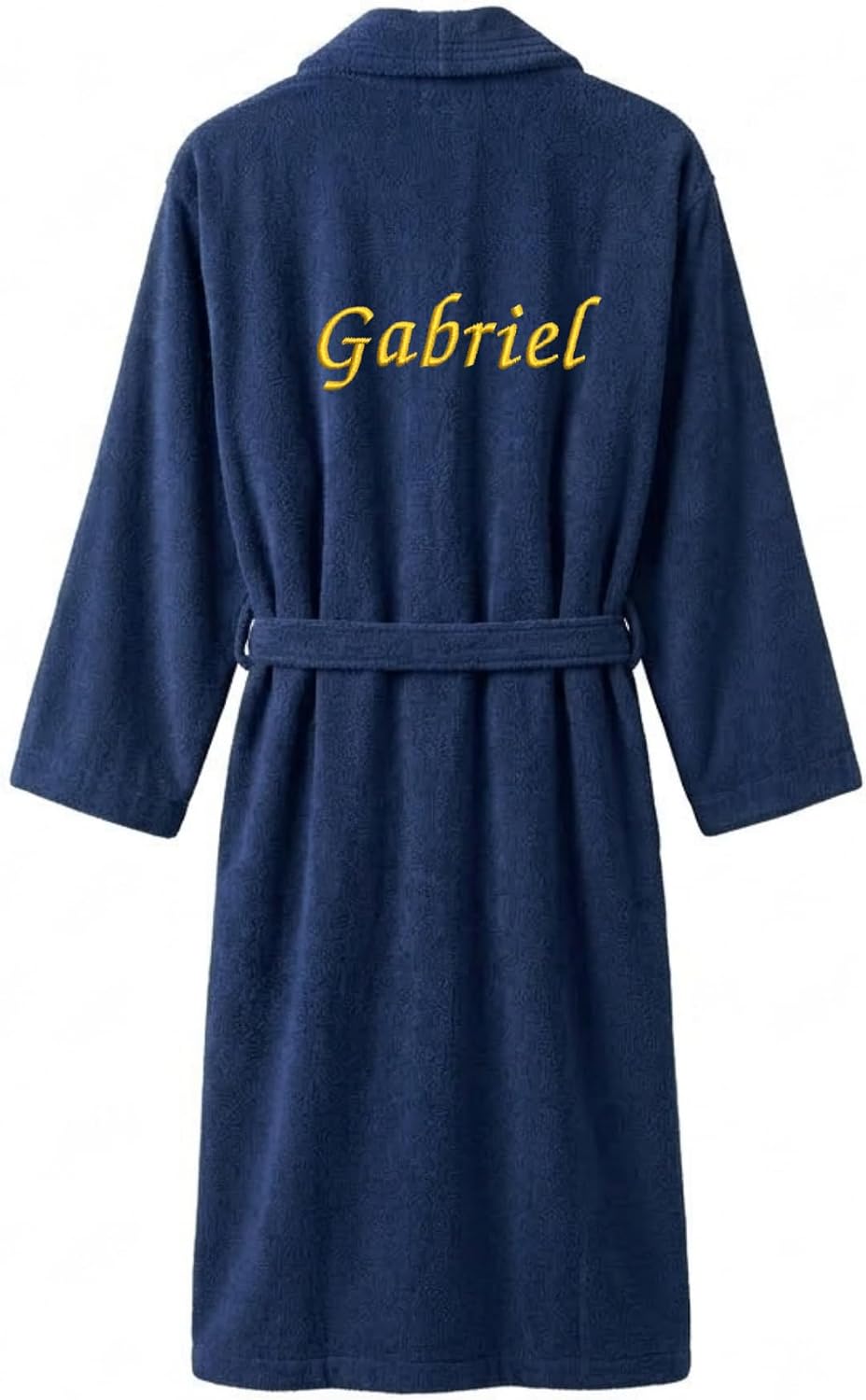 Dos du peignoir bleu marine brodé du prénom « Gabriel » en grandes lettres dorées