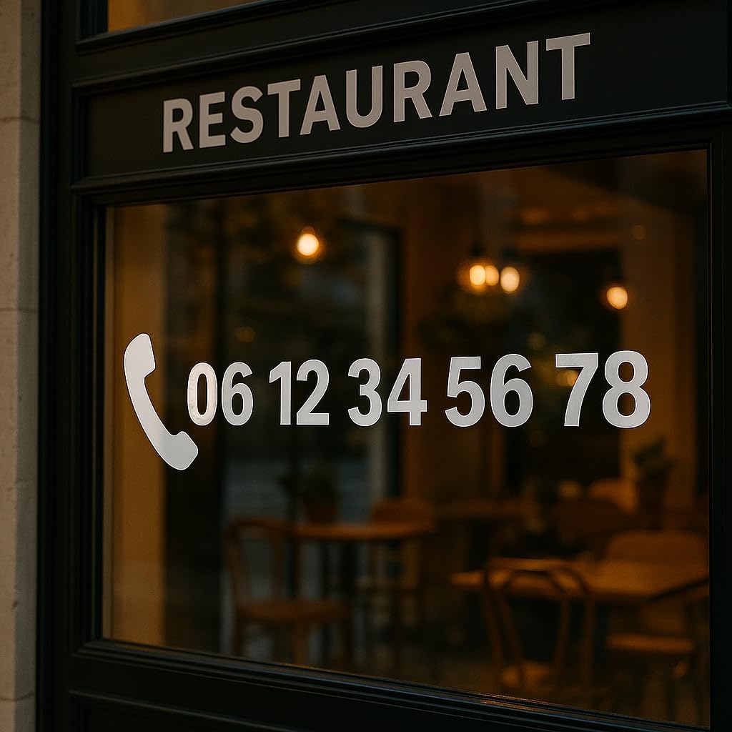 Sticker numéro de téléphone blanc collé sur la vitrine d'un restaurant