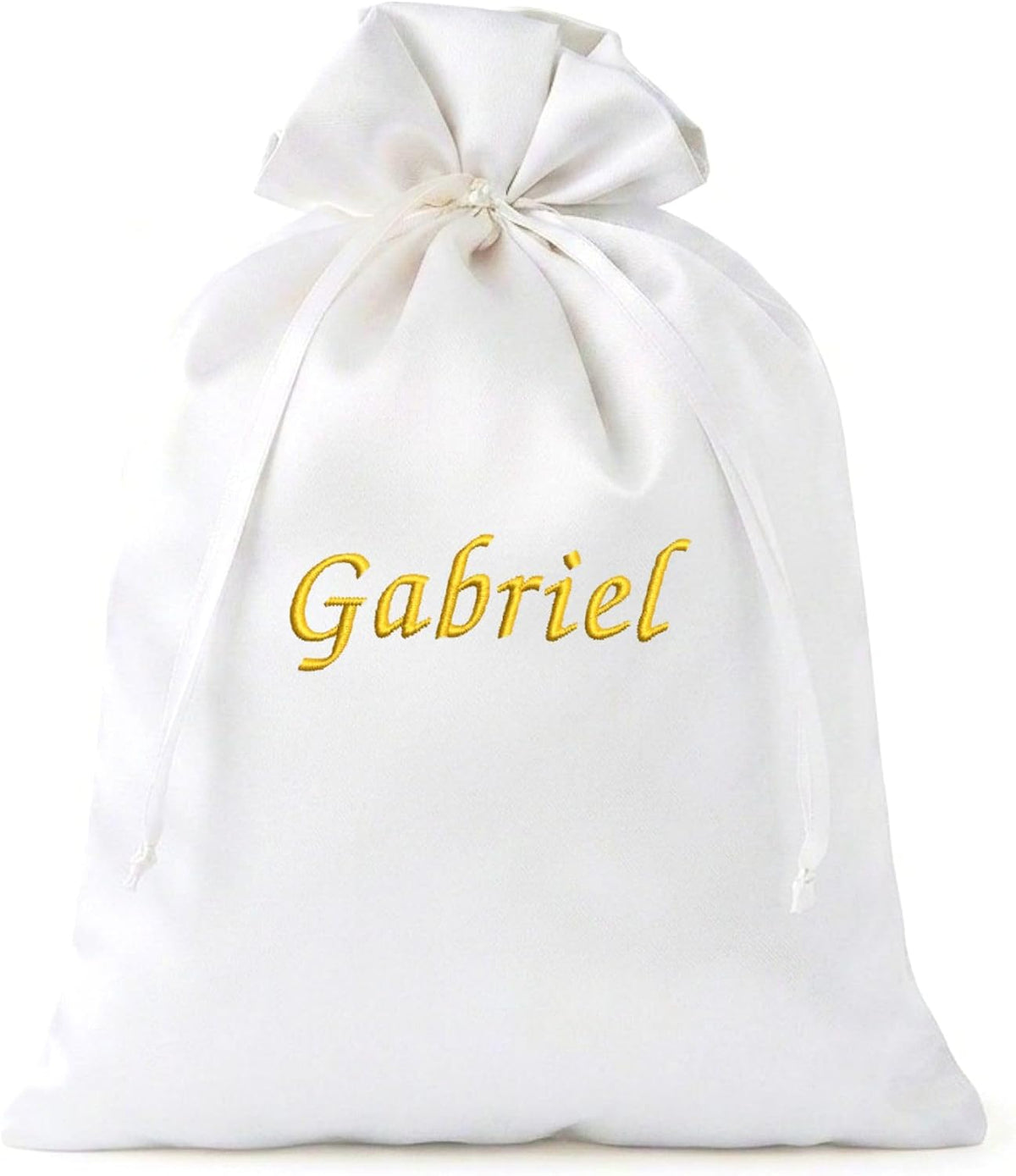 Pochon en satin blanc brodé personnalisé, 22 × 30 cm, avec ruban coulissant