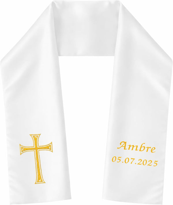Étole de baptême ado/adulte blanche brodée d'une croix dorée, prénom « Ambre » et date 05.07.2025