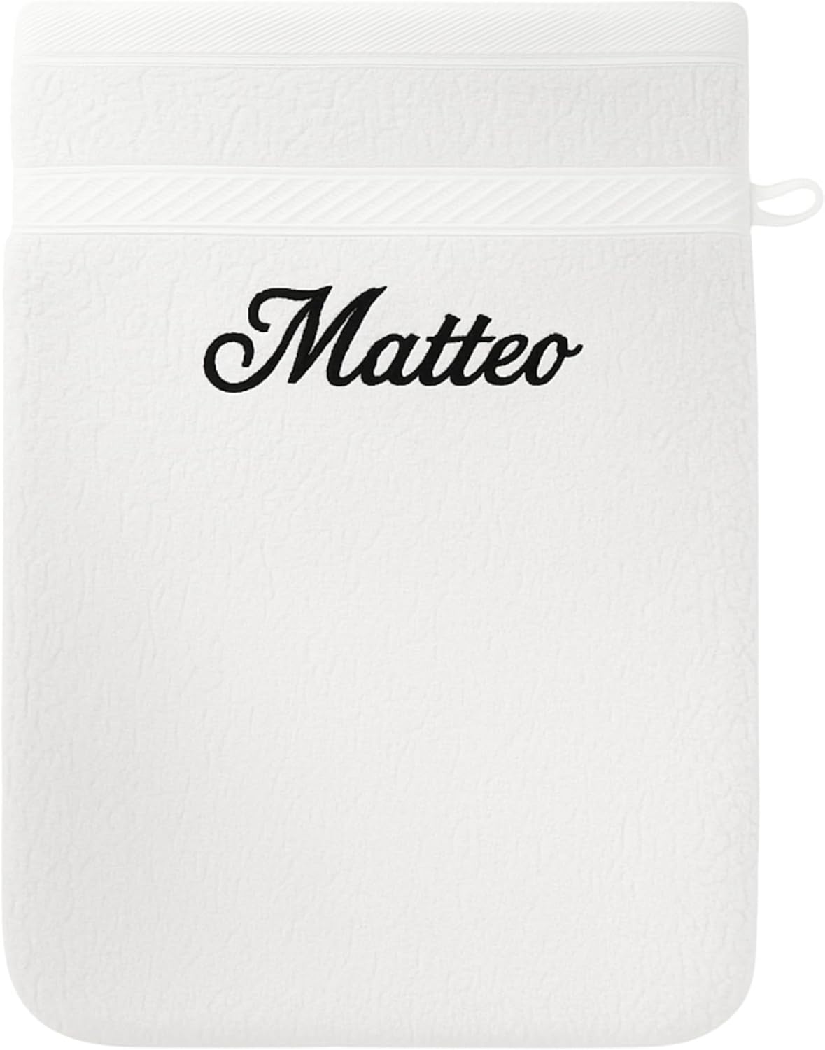 Gant de toilette blanc brodé du prénom « Matteo » en fil noir