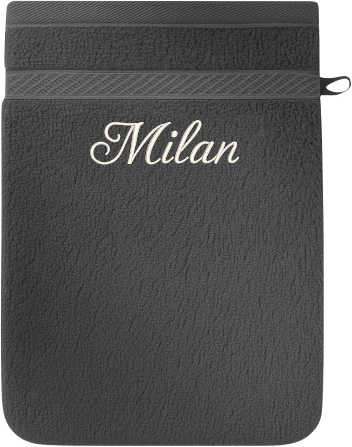 Gant de toilette anthracite brodé du prénom « Milan » en fil blanc