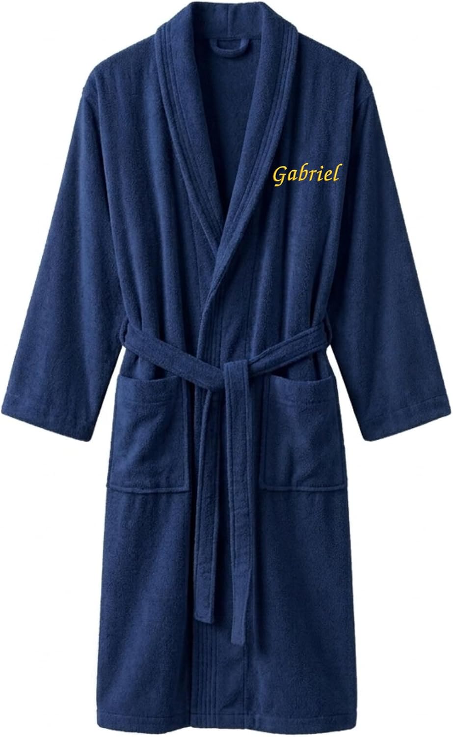 Peignoir bleu marine à col châle et ceinture, prénom « Gabriel » brodé en fil doré côté cœur