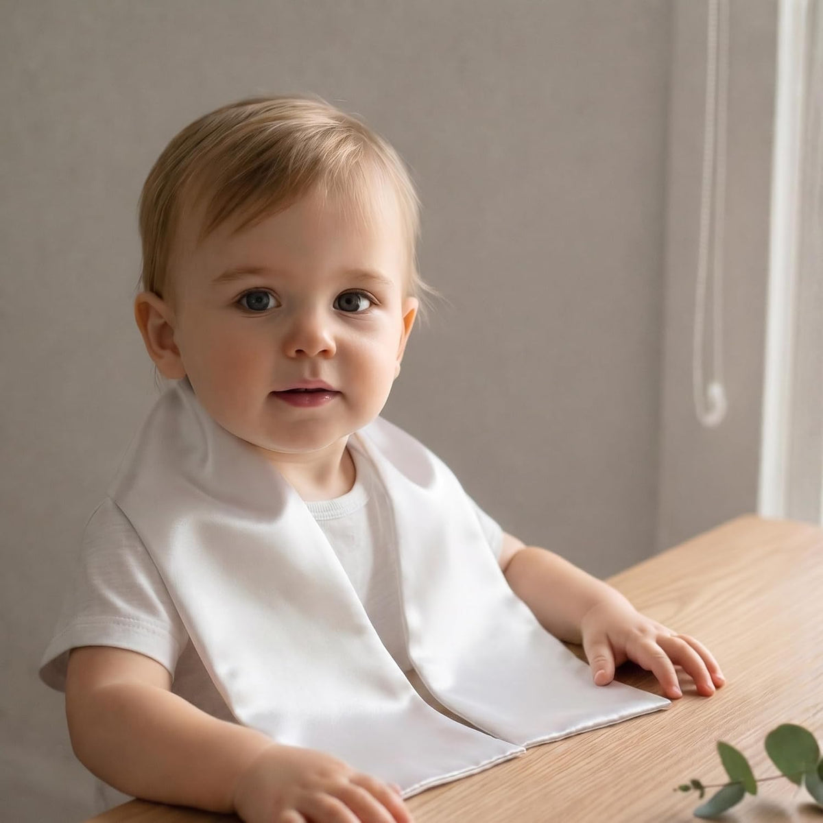 Illustration : bébé assis à une table en bois portant l'étole blanche vierge
