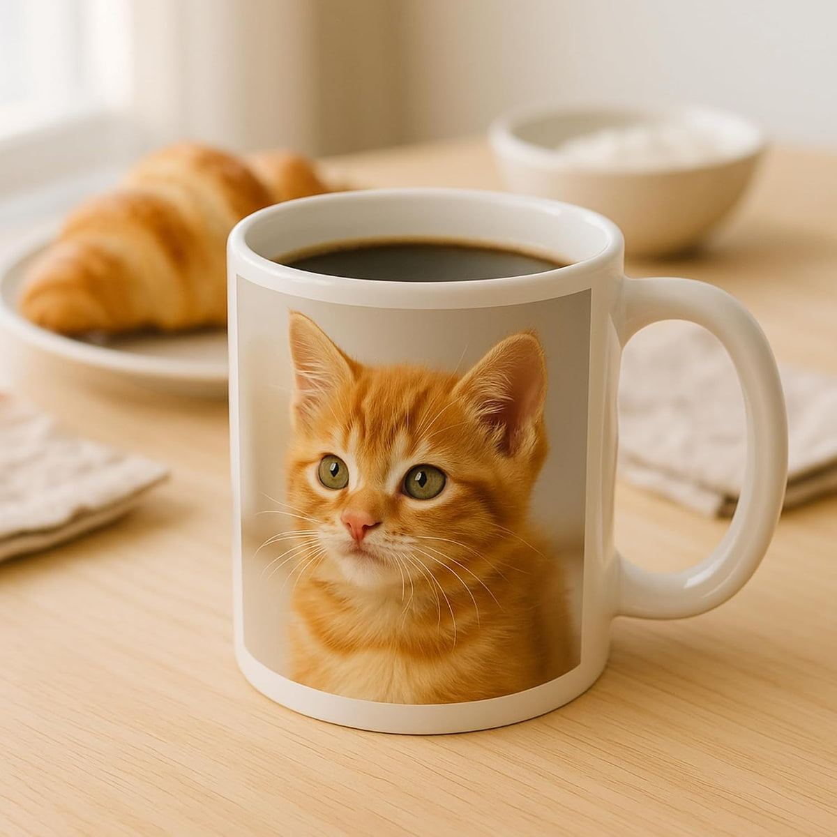 Mug personnalisé avec photo d'un chaton roux, posé sur une table de petit-déjeuner avec croissants