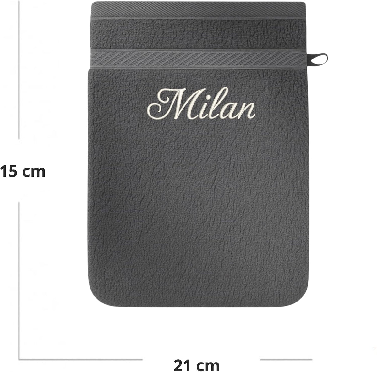 Dimensions du gant de toilette anthracite brodé au prénom : 15 cm et 21 cm