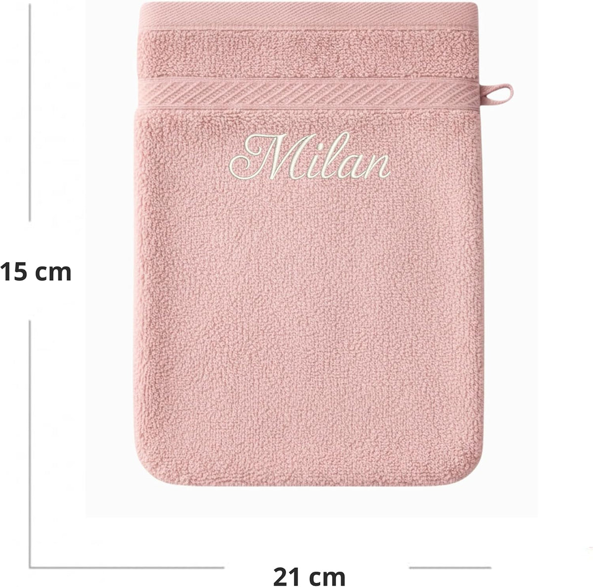 Dimensions du gant de toilette rose brodé au prénom : 15 cm et 21 cm