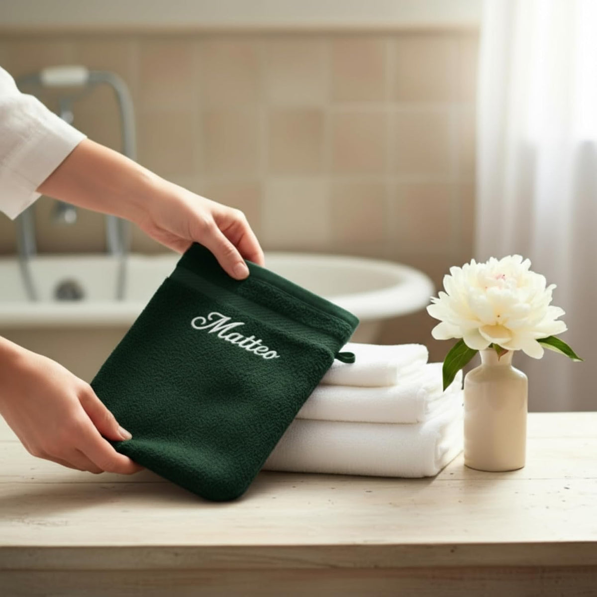Gant de toilette vert foncé brodé « Matteo » présenté dans une salle de bain, serviettes blanches à côté