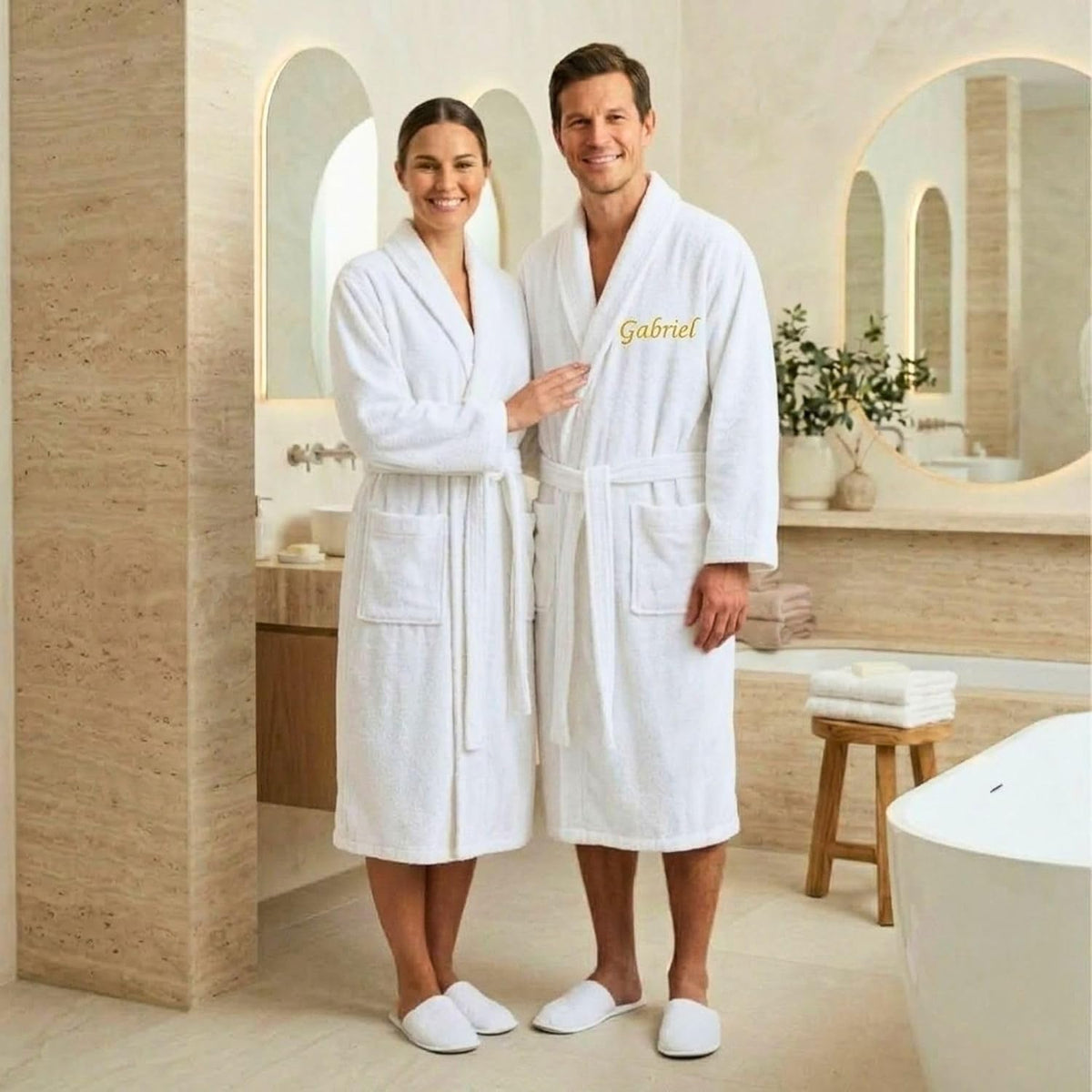Couple en peignoirs blancs dans une salle de bain, celui de l'homme brodé « Gabriel » en fil doré