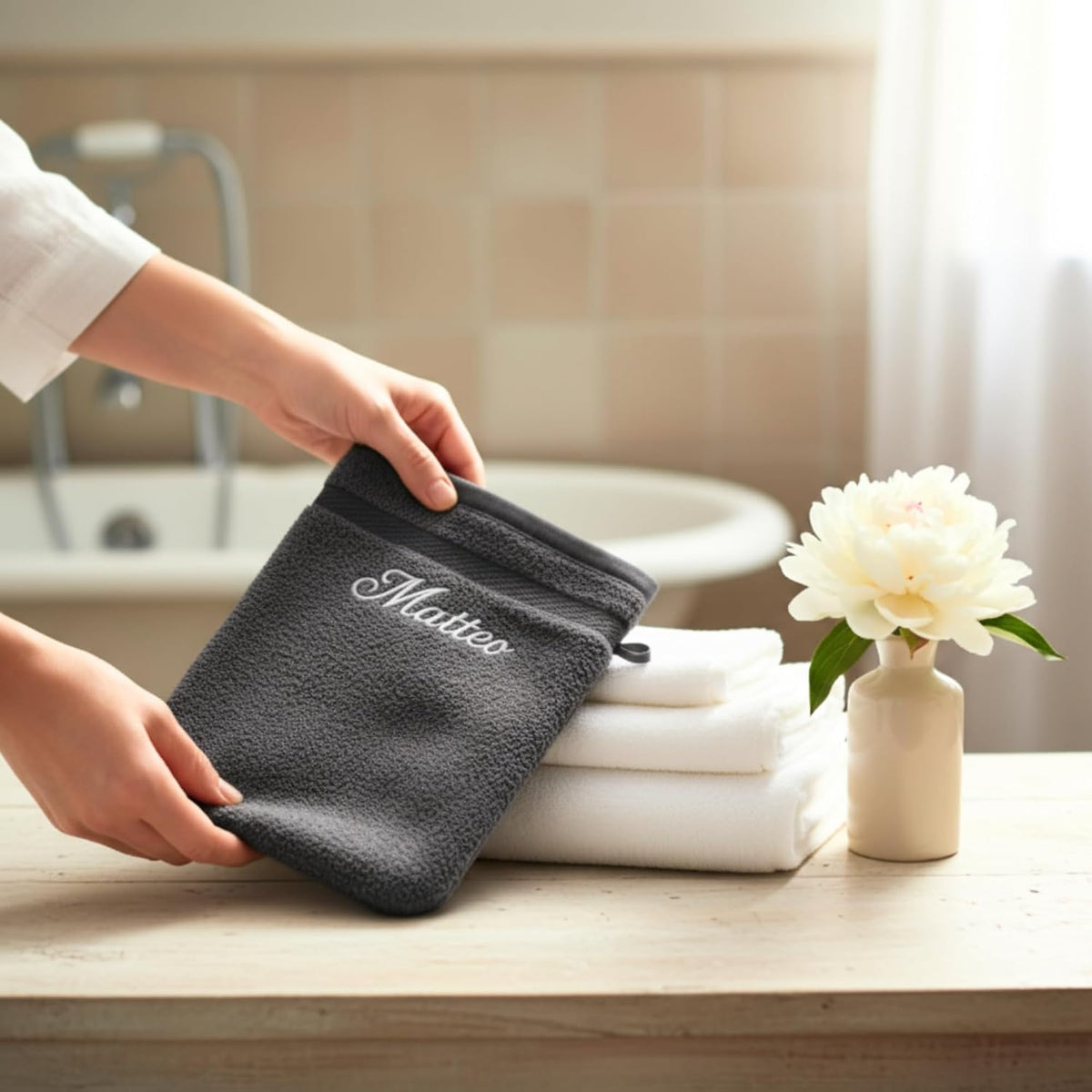 Gant de toilette anthracite brodé « Matteo » présenté dans une salle de bain, serviettes blanches à côté