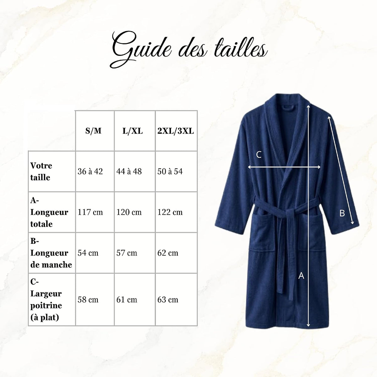 Guide des tailles du peignoir bleu marine : S/M, L/XL, 2XL/3XL avec longueur, manches et poitrine