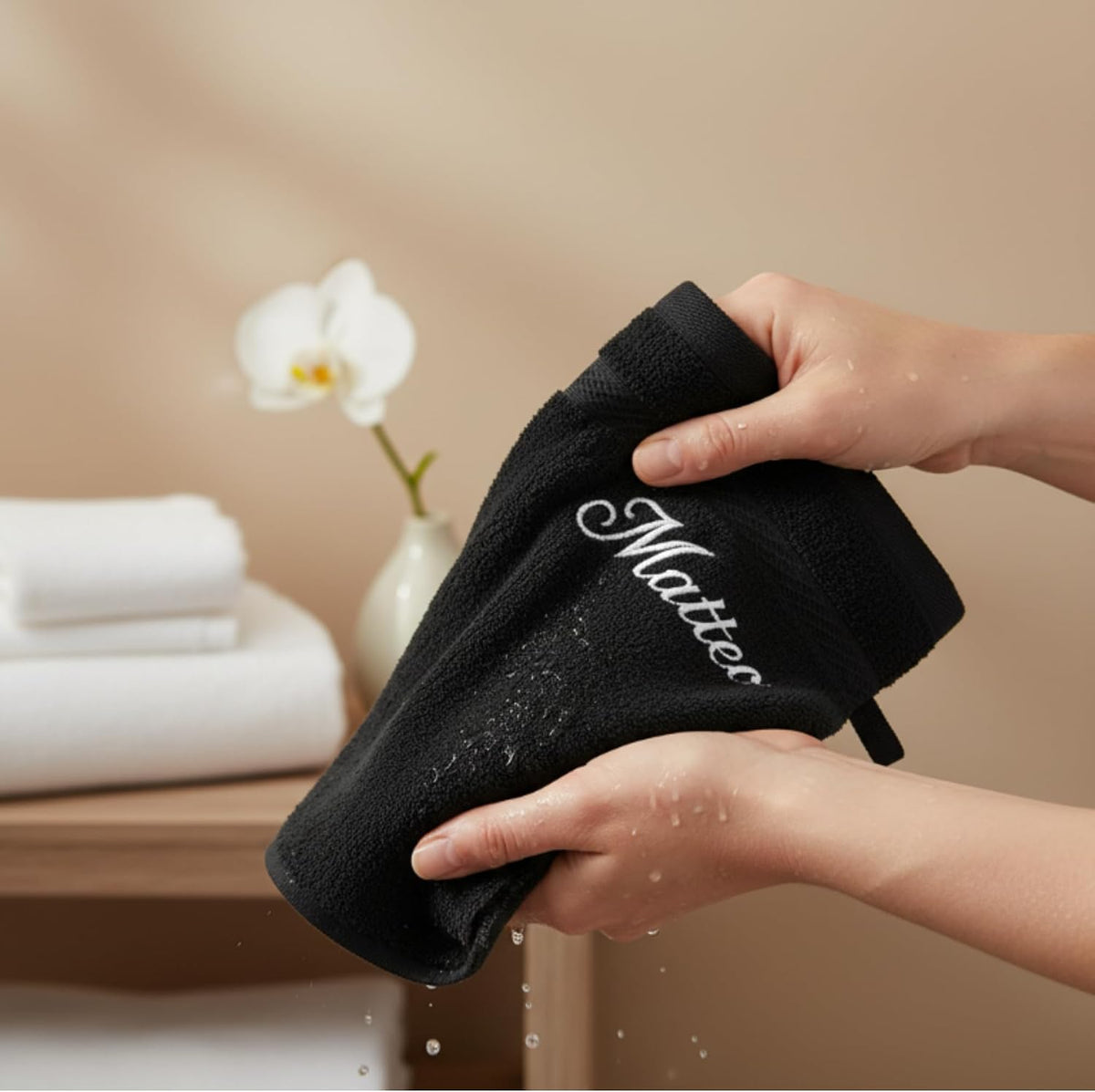 Gant de toilette noir brodé « Matteo » essoré avec des gouttes d'eau