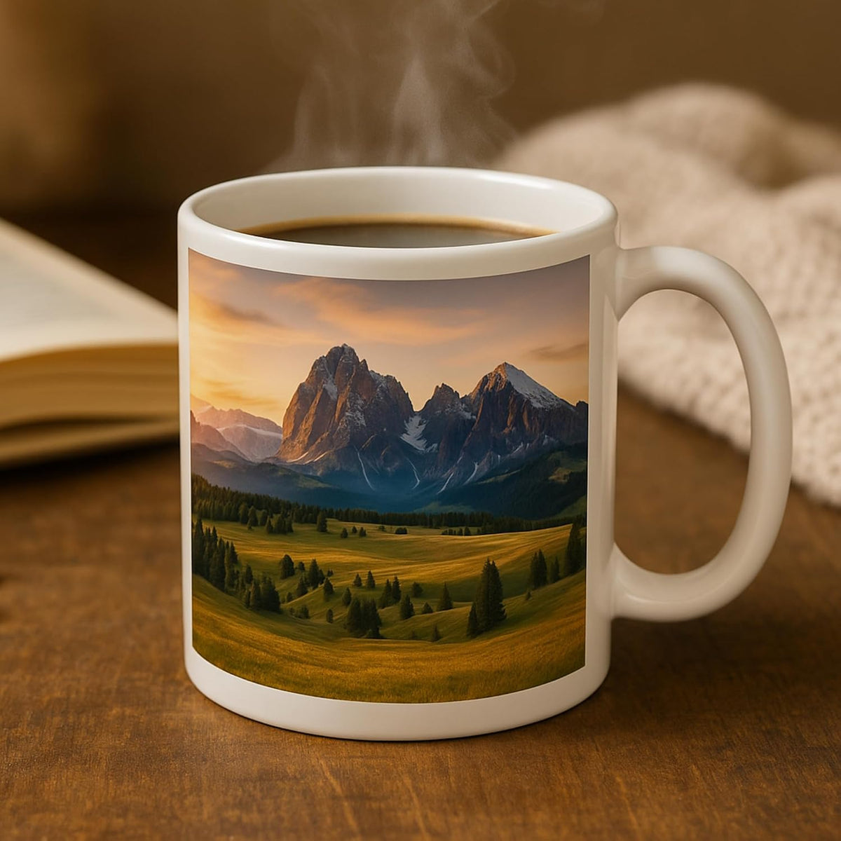 Mug personnalisé avec photo de montagnes au coucher du soleil, rempli de café fumant sur une table en bois