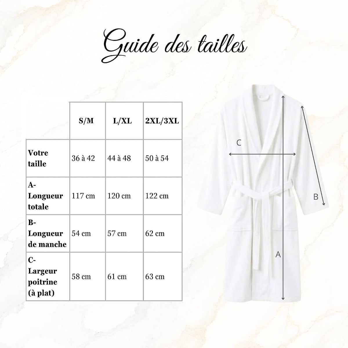 Guide des tailles du peignoir blanc : S/M, L/XL, 2XL/3XL avec longueur, manches et largeur de poitrine