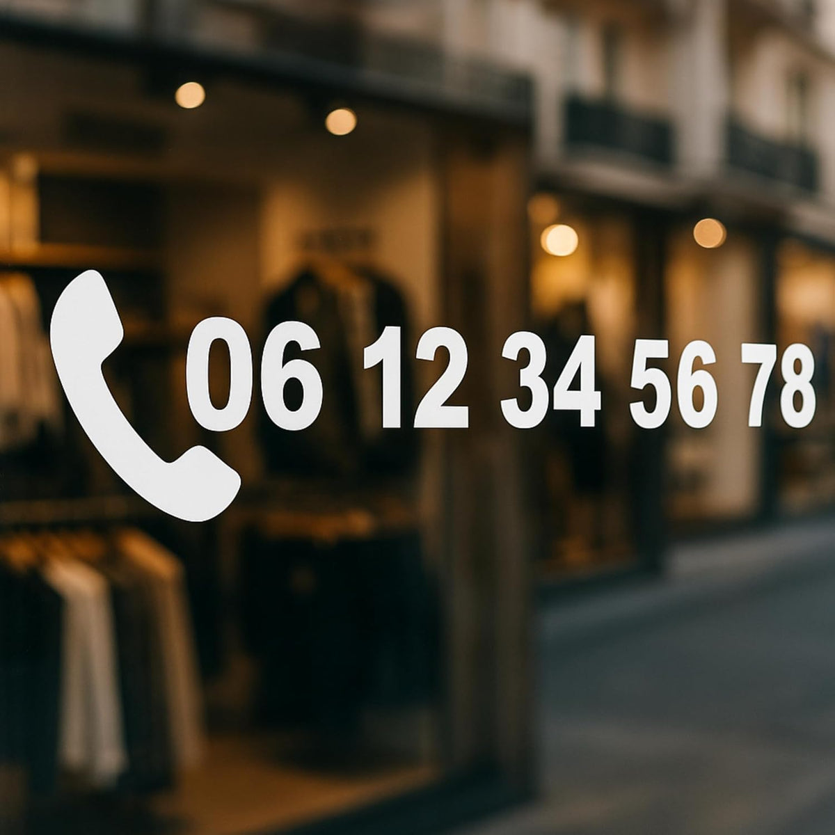 Sticker numéro de téléphone blanc collé sur la vitrine d'une boutique de vêtements