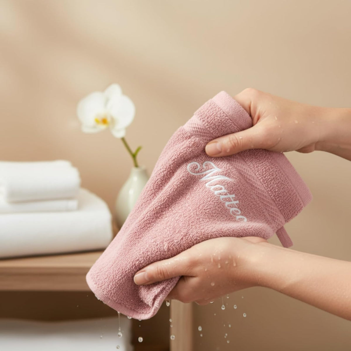 Gant de toilette rose brodé « Matteo » essoré avec des gouttes d'eau