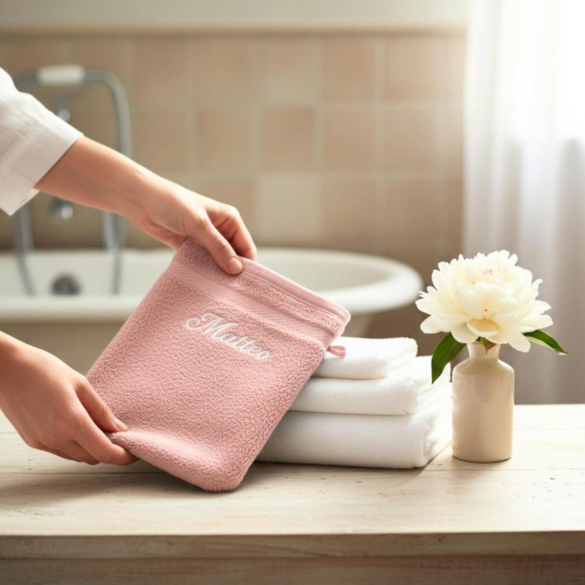 Gant de toilette rose brodé « Matteo » présenté dans une salle de bain, serviettes blanches à côté