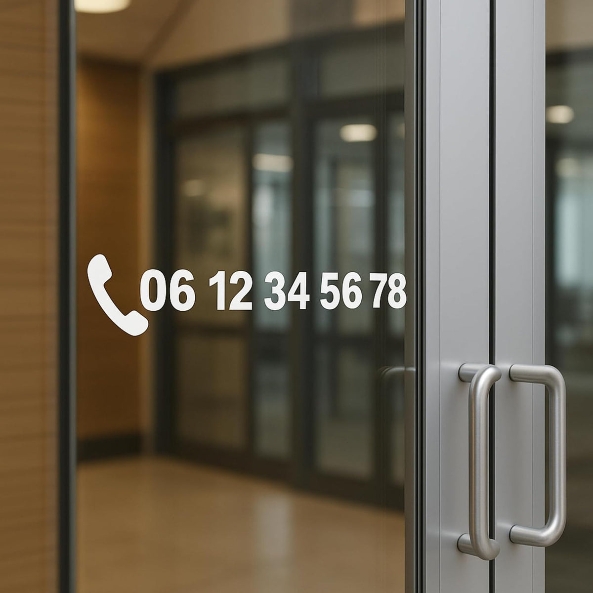 Sticker numéro de téléphone blanc collé sur la porte vitrée d'un hall d'entrée