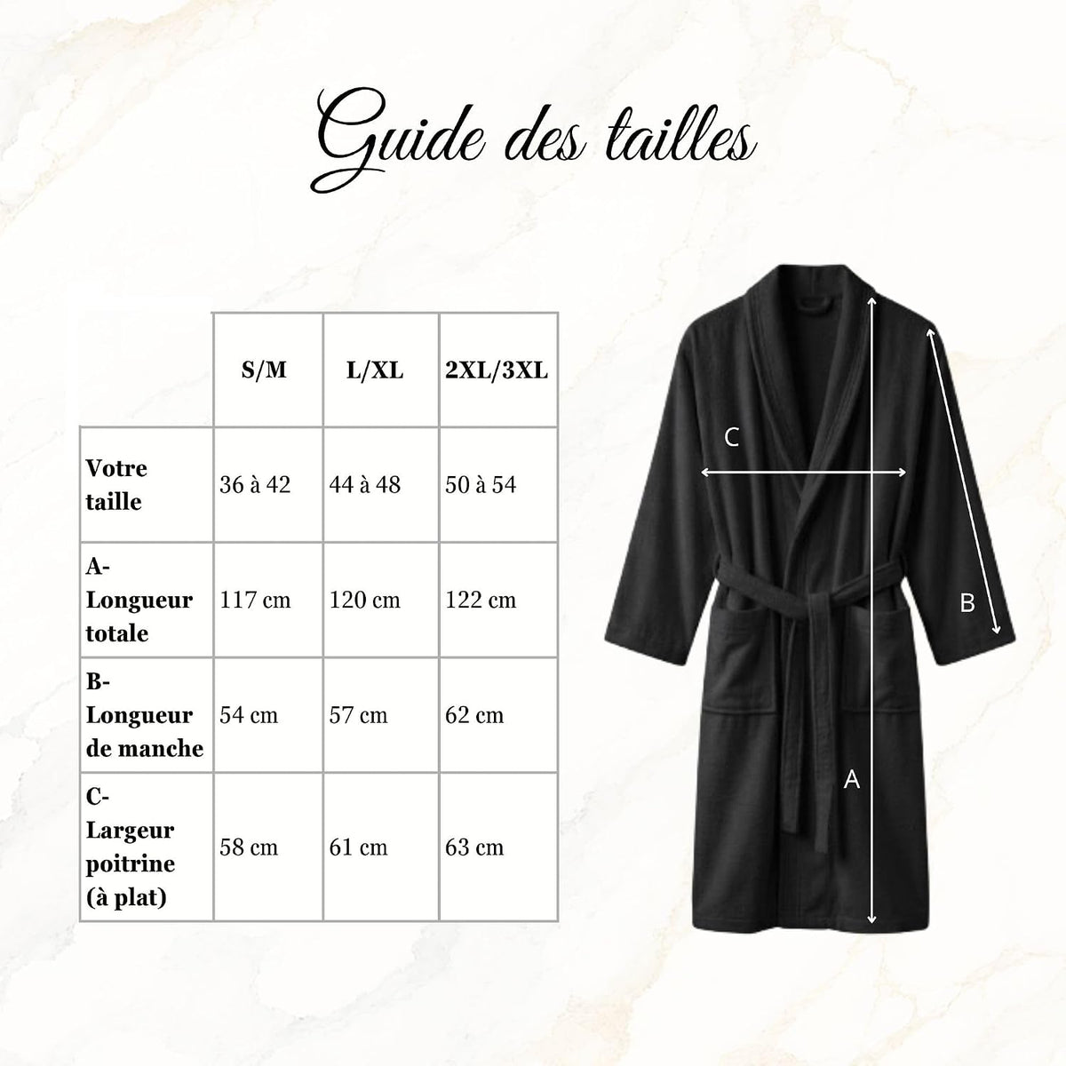 Guide des tailles du peignoir noir : S/M, L/XL, 2XL/3XL avec longueur, manches et largeur de poitrine