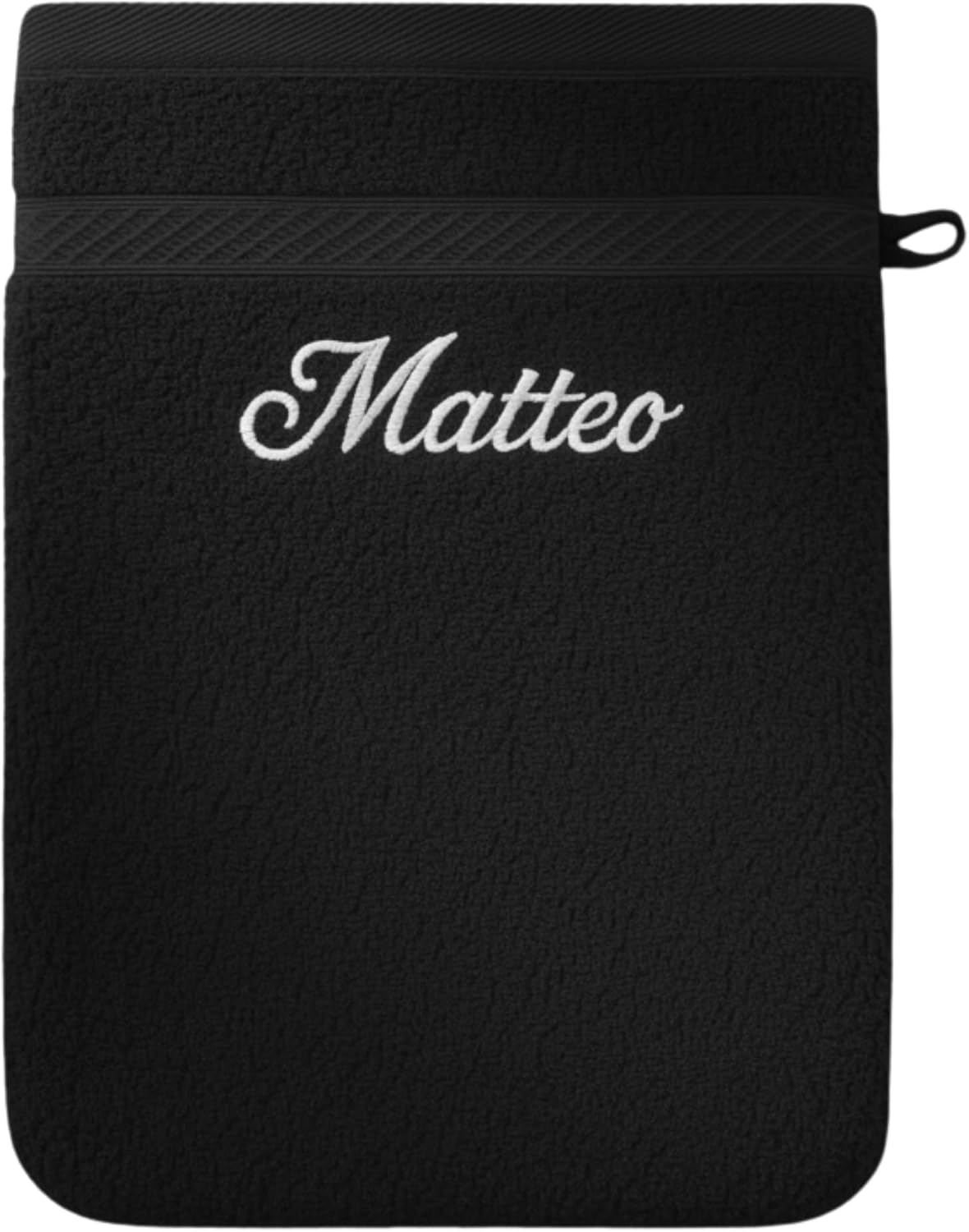 Gant de toilette noir brodé du prénom « Matteo » en fil blanc