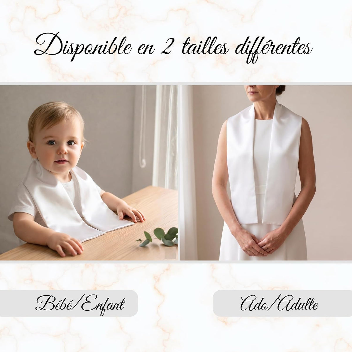 Illustration : étole blanche vierge disponible en 2 tailles, bébé/enfant et ado/adulte
