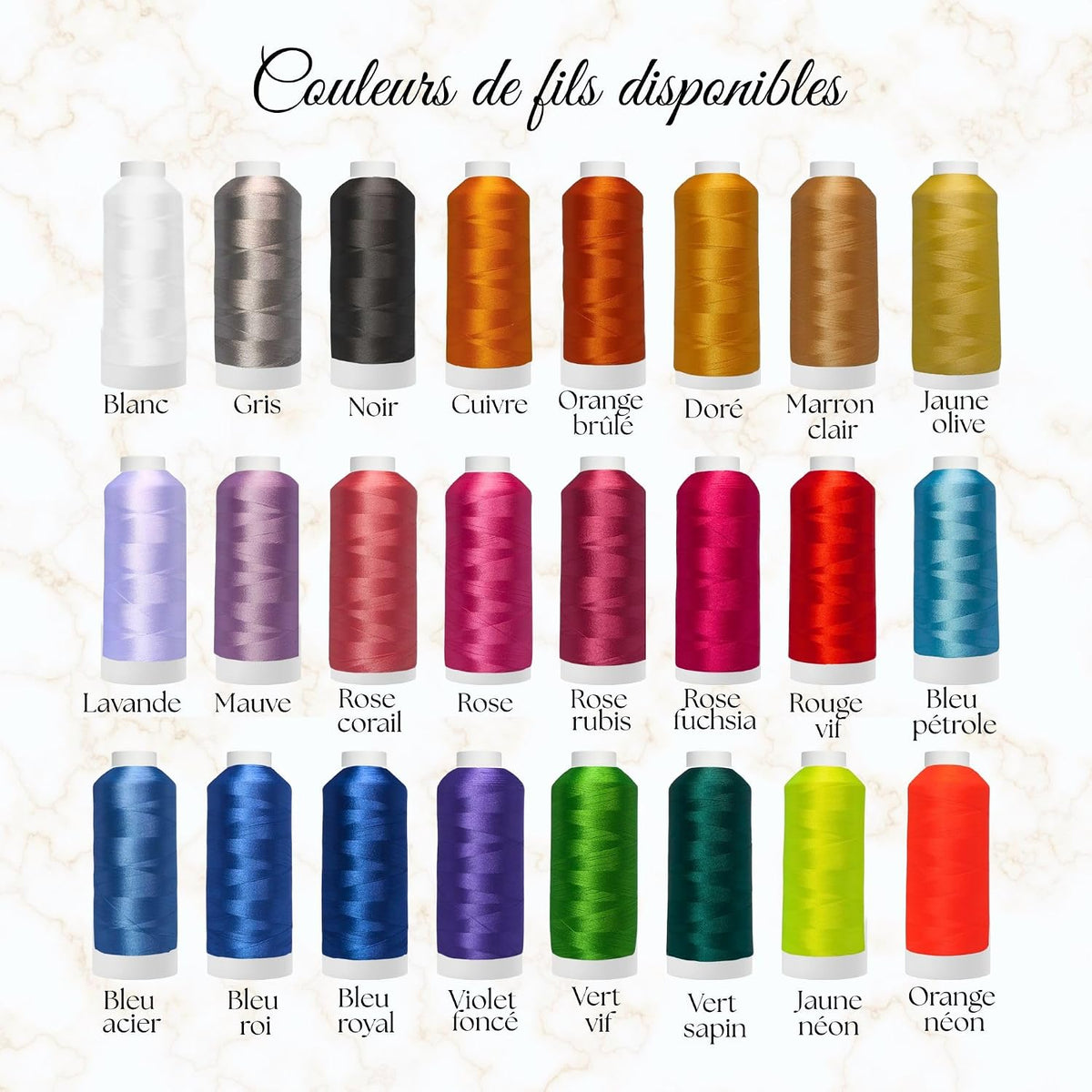 Nuancier des 24 couleurs de fil à broder disponibles pour personnaliser le peignoir