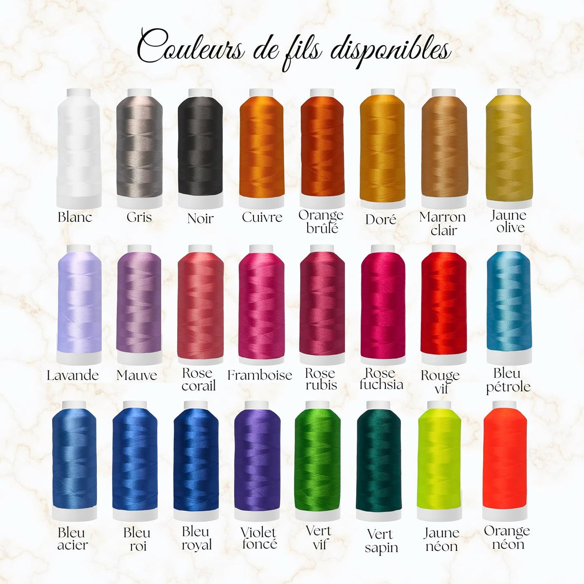 Nuancier des 24 couleurs de fil à broder disponibles pour personnaliser la serviette