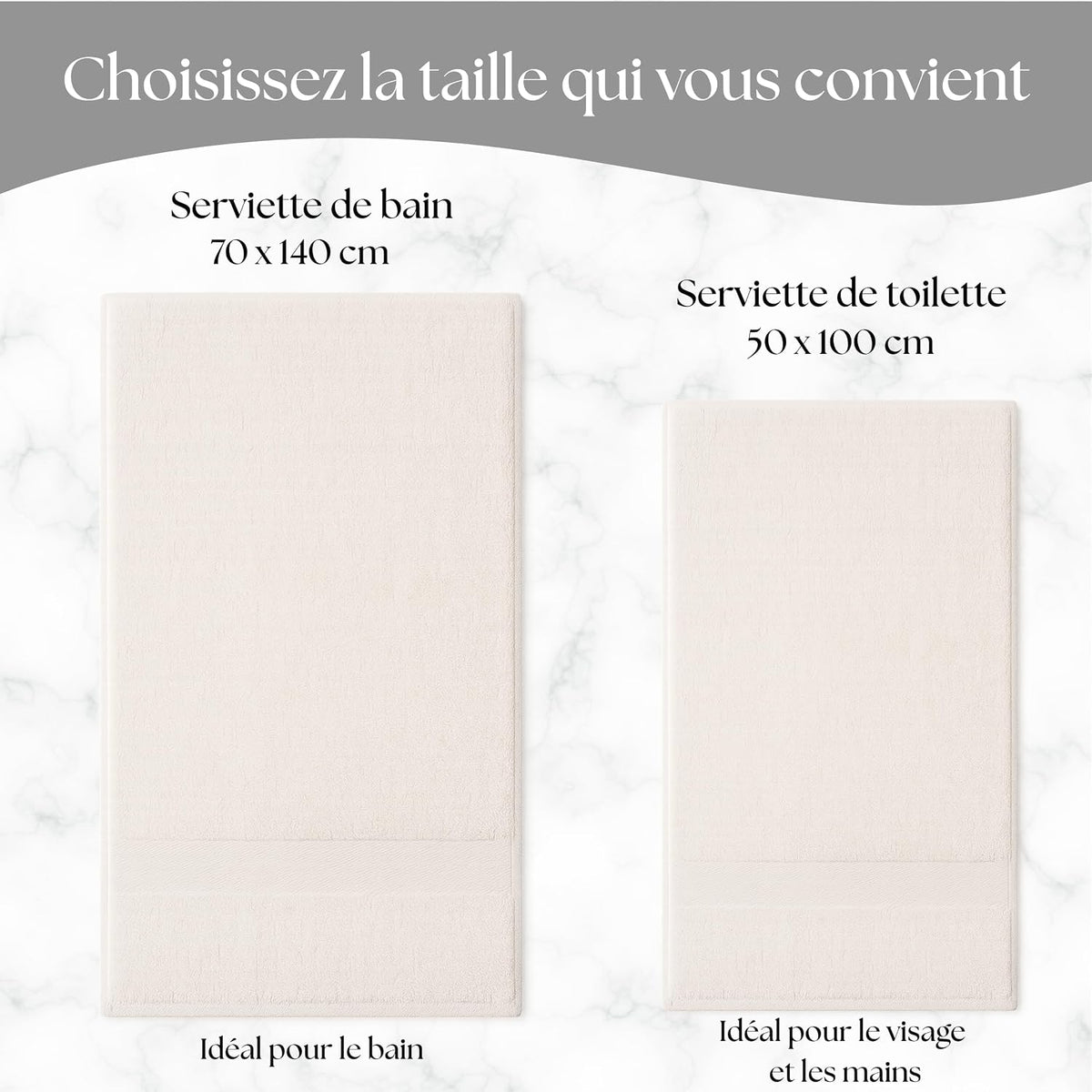 Deux tailles de serviette brodée : serviette de bain 70 x 140 cm et serviette de toilette 50 x 100 cm
