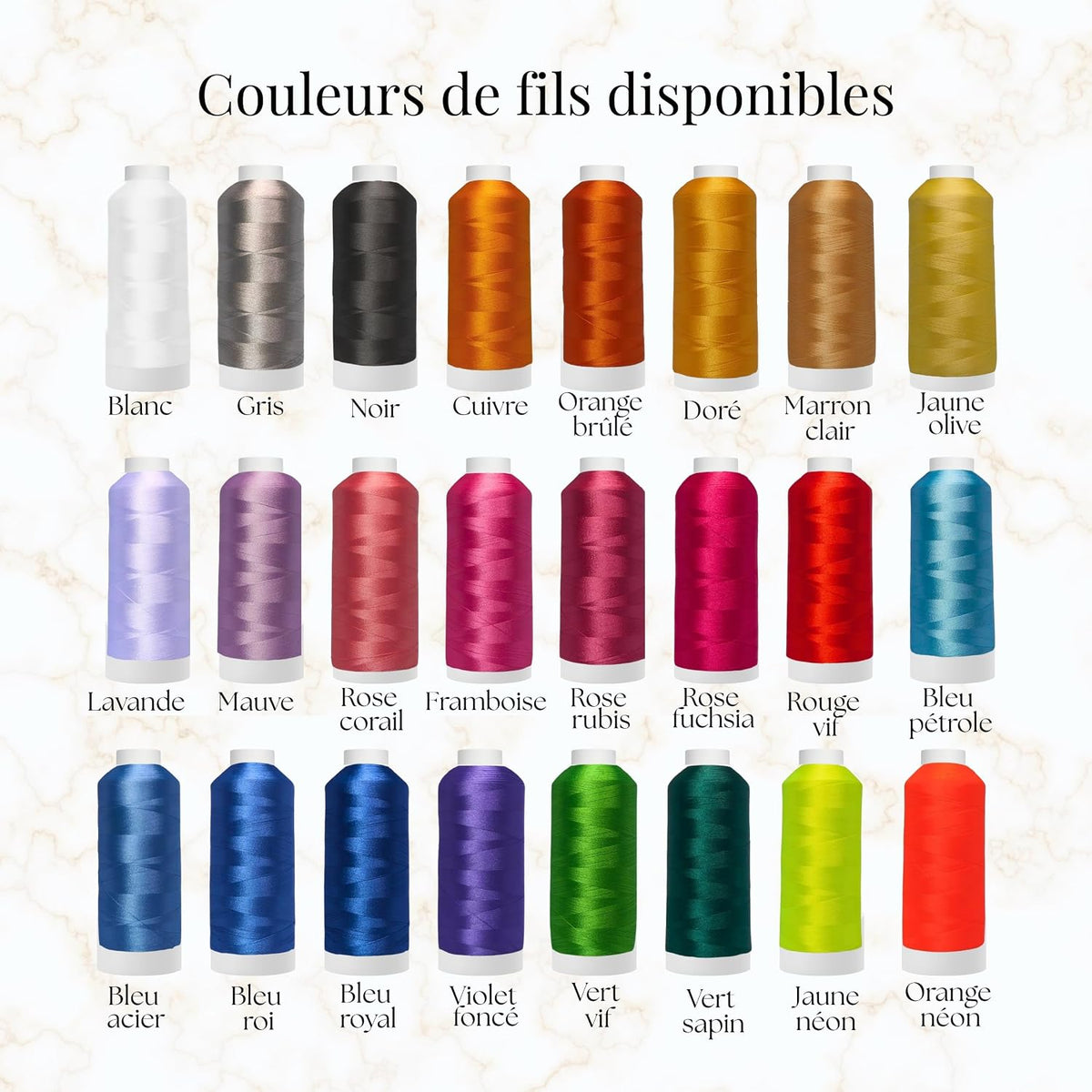 Nuancier des 24 couleurs de fil à broder disponibles pour la serviette rose personnalisée