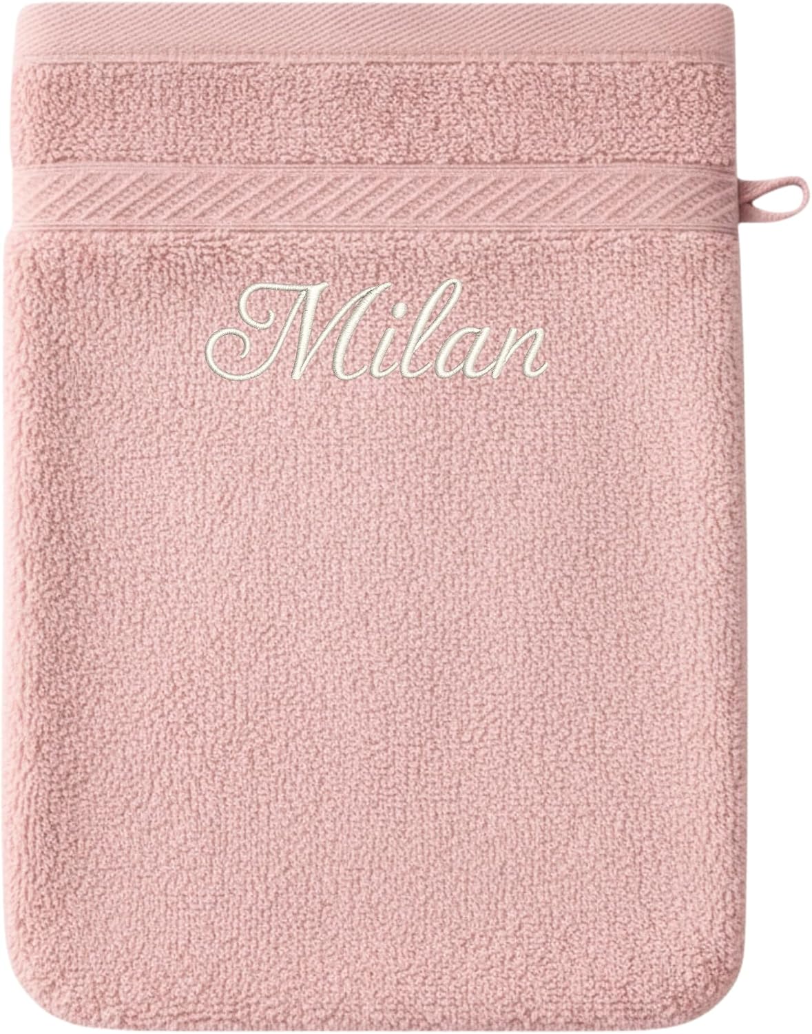 Gant de toilette rose brodé du prénom « Milan » en fil blanc