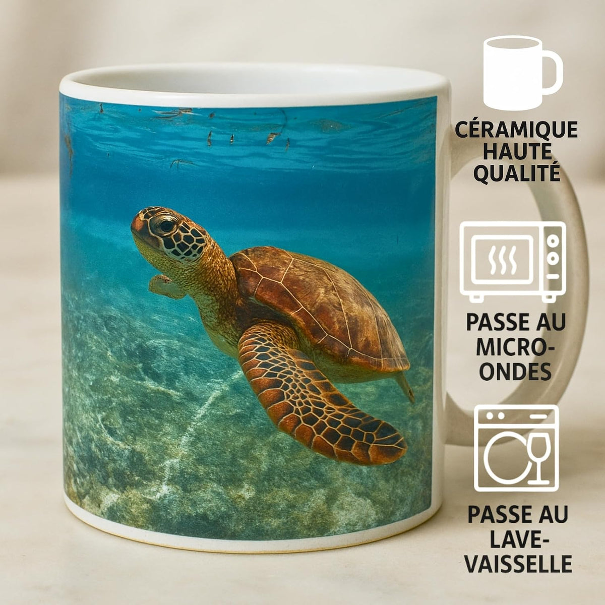 Mug photo tortue de mer en céramique, compatible micro-ondes et lave-vaisselle selon les pictogrammes